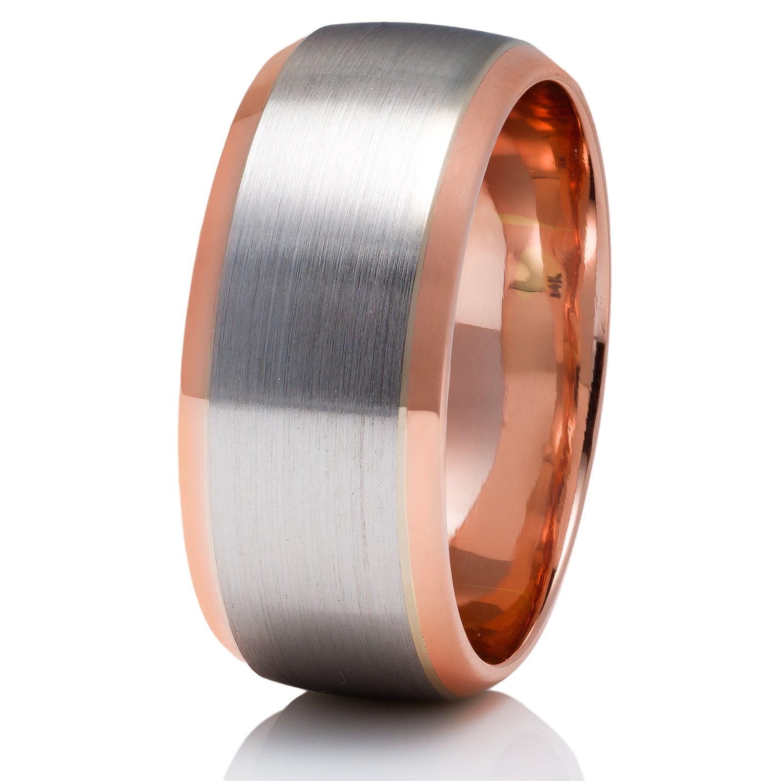8mm 14K solid rose gold and platinum men's wedding band with satin finish and shiny edges, comfort fitted, made in USA.