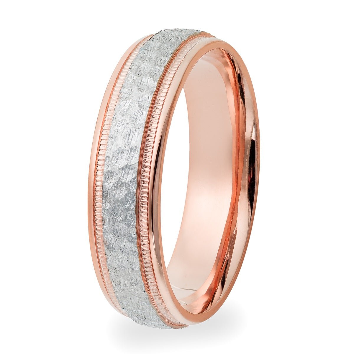 14K rose gold and platinum hammered finish wedding band, 6mm wide, comfort fitted with shiny edges and milgrain details.