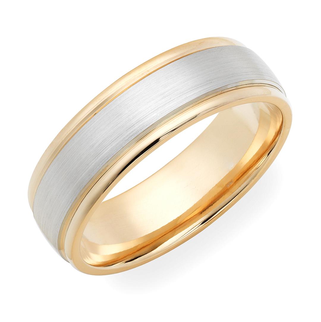 Platinum and 18K Yellow Gold men's wedding band, 7mm wide, comfort fitted with satin and shiny finishes.