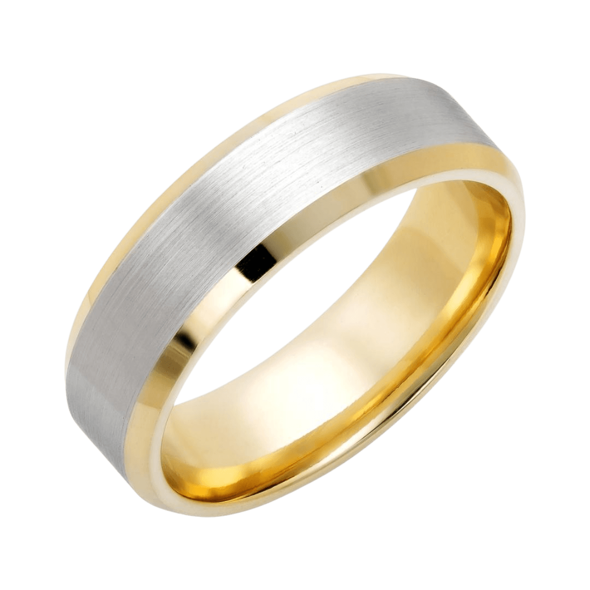 Men's 18K yellow gold and platinum wedding band with beveled edges, satin finish center, and shiny edges, 6mm wide.