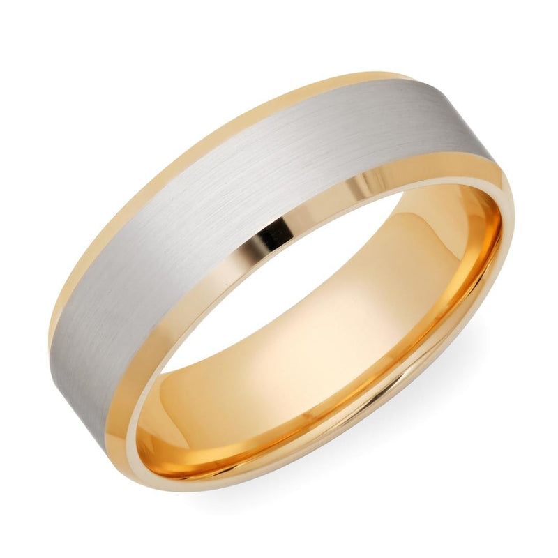 18K Solid Yellow Gold and Platinum Mens Wedding Bands, 7mm Beveled Edge Platinum Mens Wedding Rings