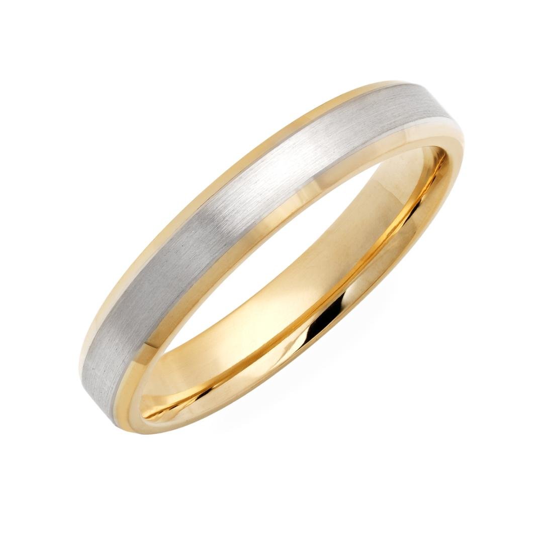 Platinum and 18K yellow gold beveled edge wedding ring, 4mm comfort fitted with satin finish and shiny edges.