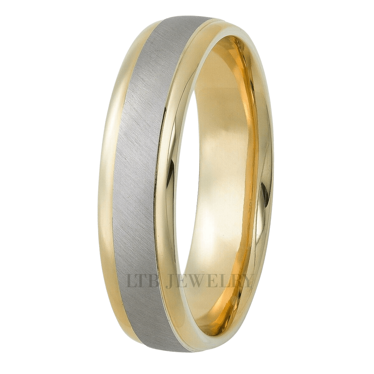 Platinum and 18K solid yellow gold mens wedding band with brushed center and shiny edges, comfort fitted, 6mm wide.