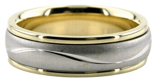 18K yellow gold and platinum men's wedding band with brushed and shiny finishes, comfort fit design, 6mm wide.