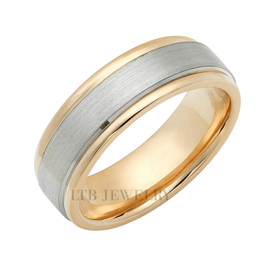 Elegant 18K Yellow Gold and Platinum men's wedding ring with satin and shiny finishes, comfort fit, 6mm wide.