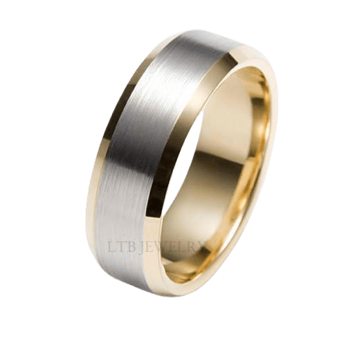 18K yellow gold and platinum mens wedding band with a satin finish and beveled edges, comfort fitted, 7mm wide.