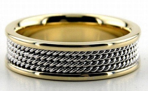 Platinum and 18K yellow gold braided wedding band, 6mm wide with shiny finish, comfort fit, handmade in New York.