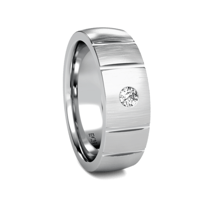 Platinum brushed finish men's wedding band featuring a 0.10 carat round brilliant diamond, 7mm width, comfort fit design.