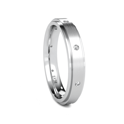 Platinum diamond wedding band featuring a satin finish, shiny edges, and eight brilliant cut diamonds, 4mm wide.