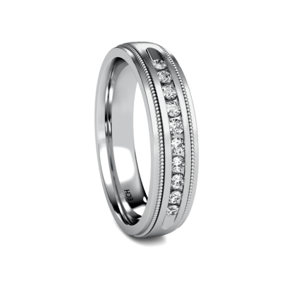 Platinum diamond wedding band featuring 10 round brilliant cut diamonds with satin and shiny finish, 5mm wide.