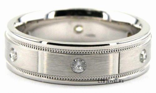 Platinum diamond wedding ring with satin finish, shiny edges, and 8 round diamonds totaling 0.24 carats.