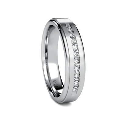 10K Solid Platinum Wedding Band with 10 round diamonds, Satin and shiny finishes, comfort fitted, 5mm wide.