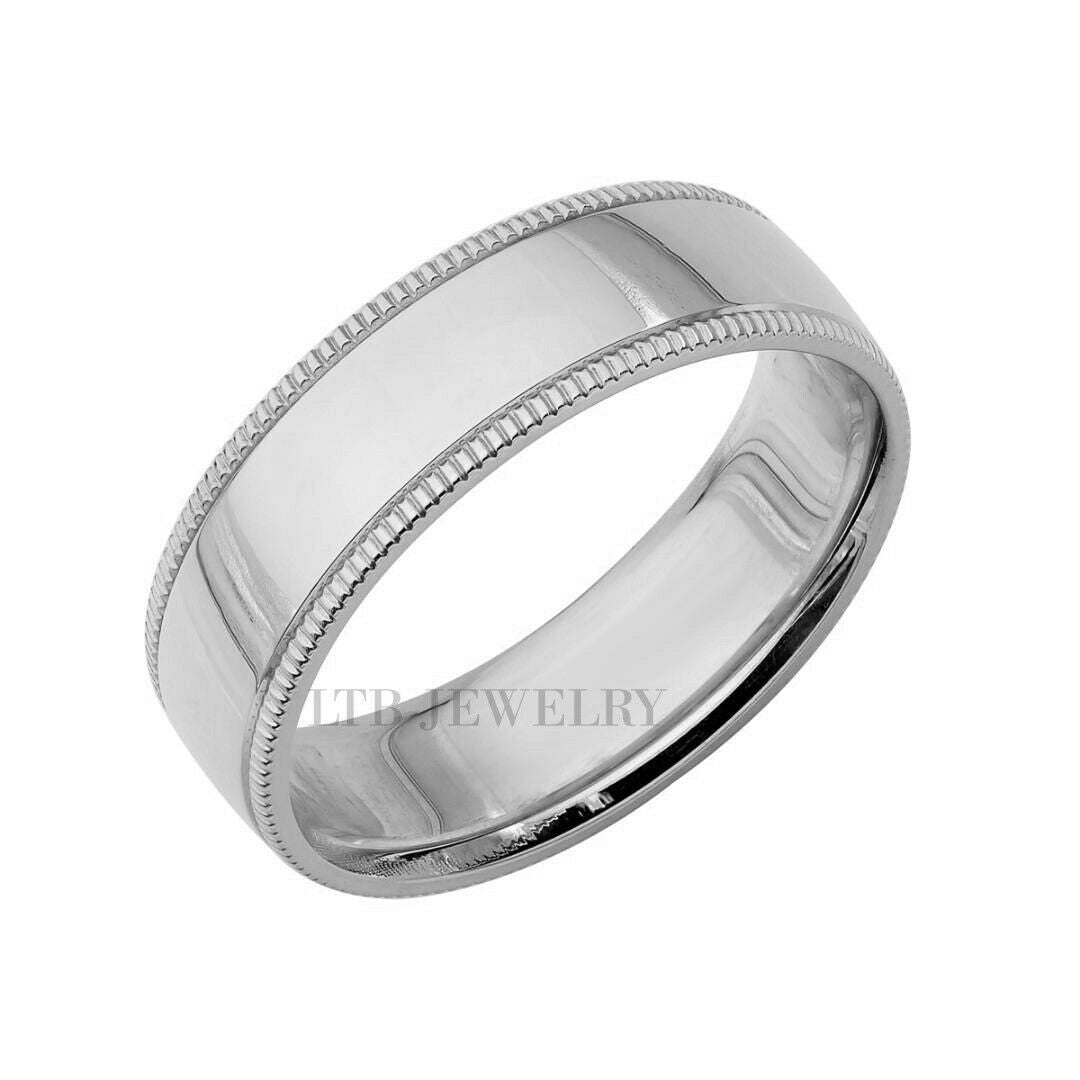 Platinum dome millgrain wedding band, 6mm wide, shiny finish, comfort fit, unisex design, made in New York.