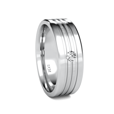 Platinum flat diamond men's wedding band with brushed finish and shiny edges, featuring a round brilliant cut diamond.
