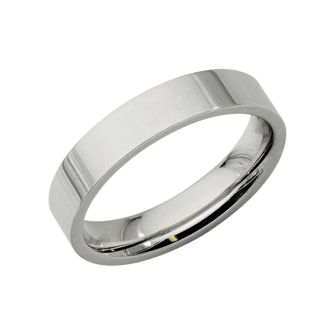 4mm flat unisex platinum wedding band with shiny finish, comfort fit, made in New York, available in various styles.