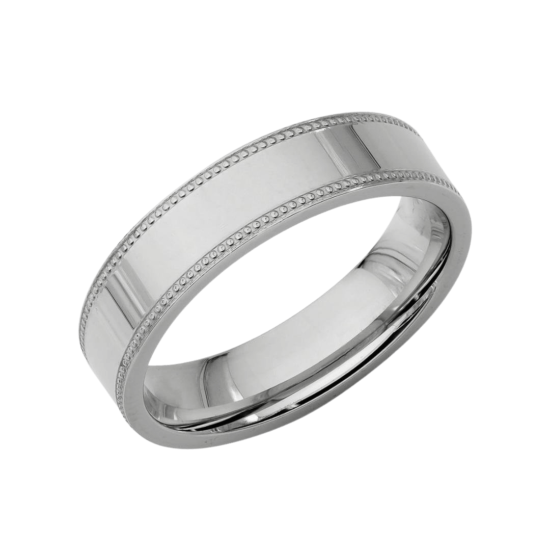 5mm flat milgrain platinum wedding band with shiny finish, comfort fit, available in various metals and colors.