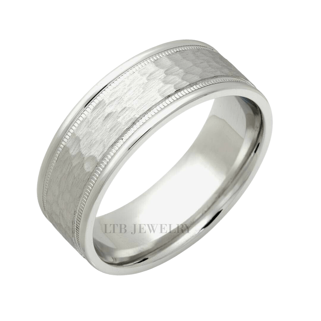 8mm platinum hammered finish men's wedding band with milgrain edges and shiny comfort fit, made in New York.
