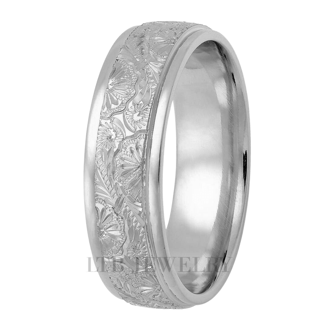Platinum hand engraved wedding band featuring shiny leaf motifs, 6mm width, comfort fit, made in New York, USA.