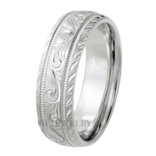 Hand engraved platinum men's wedding band with shiny leaf motif, 7mm comfort fit design, crafted in New York, USA.