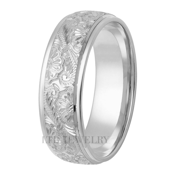 Platinum Hand Engraved Mens Wedding Bands, Hand Engraved Platinum Wedding Rings