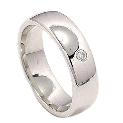 Platinum diamond wedding band 6mm wide, shiny finish, featuring one round brilliant cut diamond, comfort fit design.
