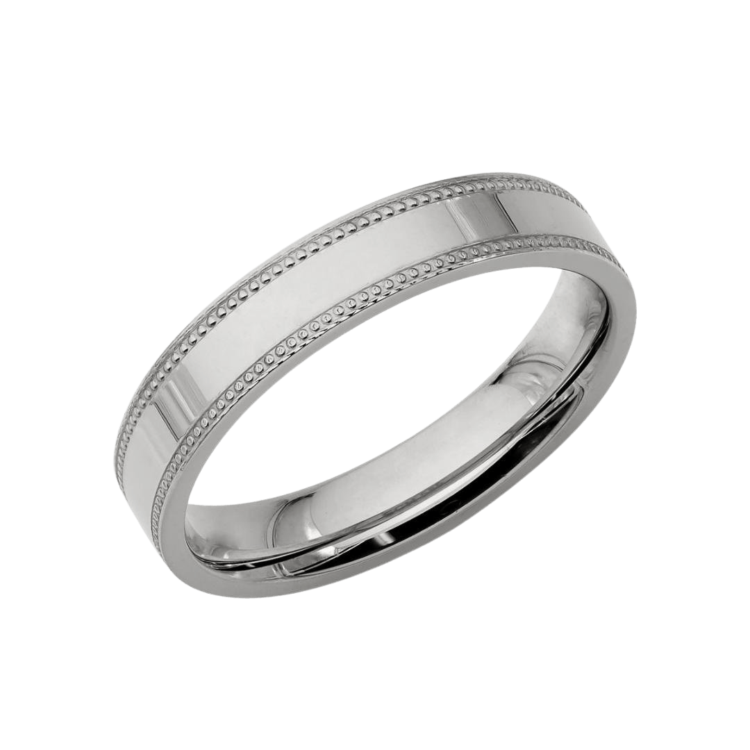 4mm flat milgrain platinum wedding ring for men and women with shiny finish, comfort fitted, made in New York.