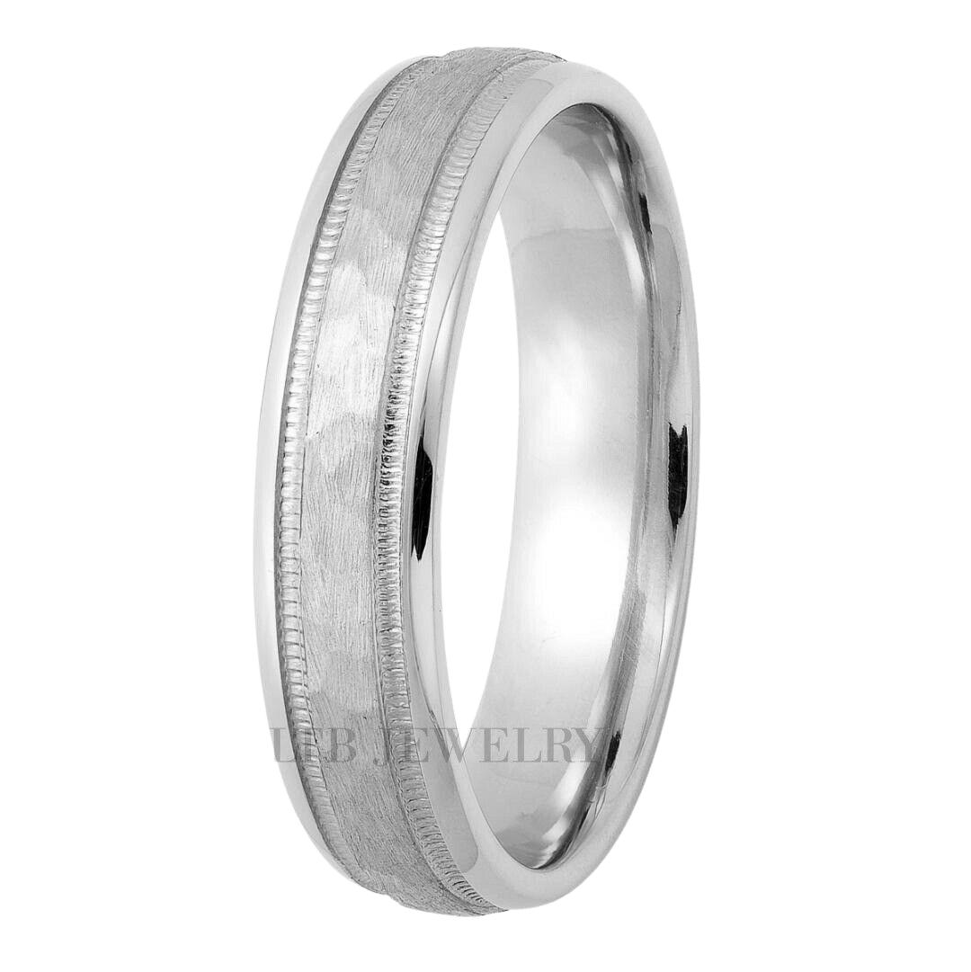 5mm hammered finish platinum wedding band with shiny edges and milgrain detailing, unisex comfort fit, handcrafted in New York.