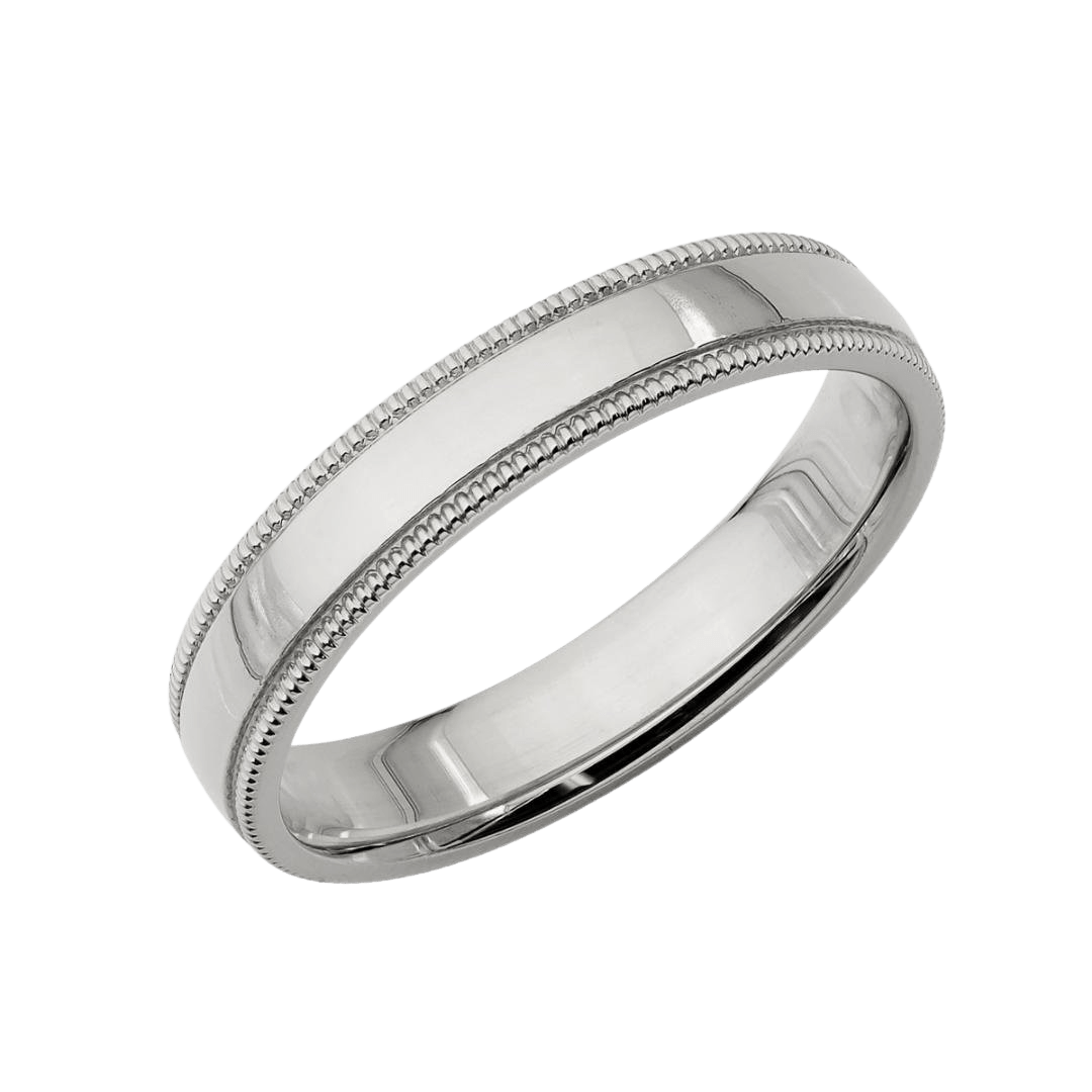 4mm dome milgrain platinum wedding band with shiny finish, comfort fit, crafted in New York, USA.