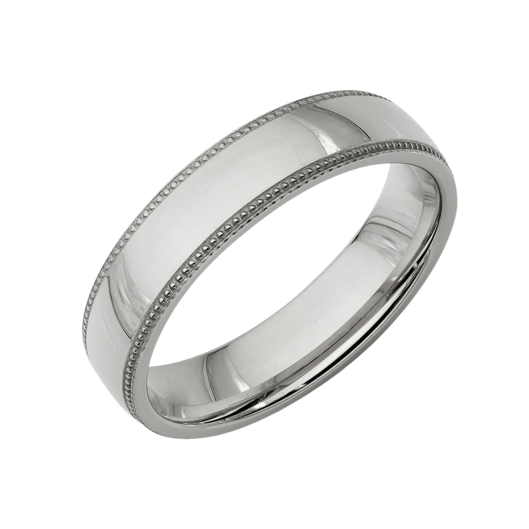 5mm dome milgrain platinum wedding band with shiny finish, comfort fit, unisex design, made in New York, available in various styles.