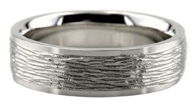 950 Platinum men's wedding band 6mm wide with wood bark design and shiny edges, comfort fitted, made in New York.