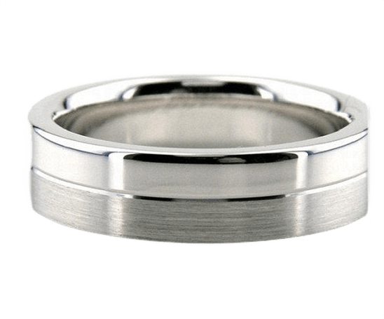 Elegant platinum men's wedding band with a satin and shiny finish, comfort fitted, 6mm wide, made in New York.