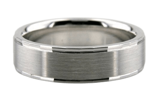 6mm satin finish platinum men's wedding ring with shiny bright cut edges and comfort fit design.