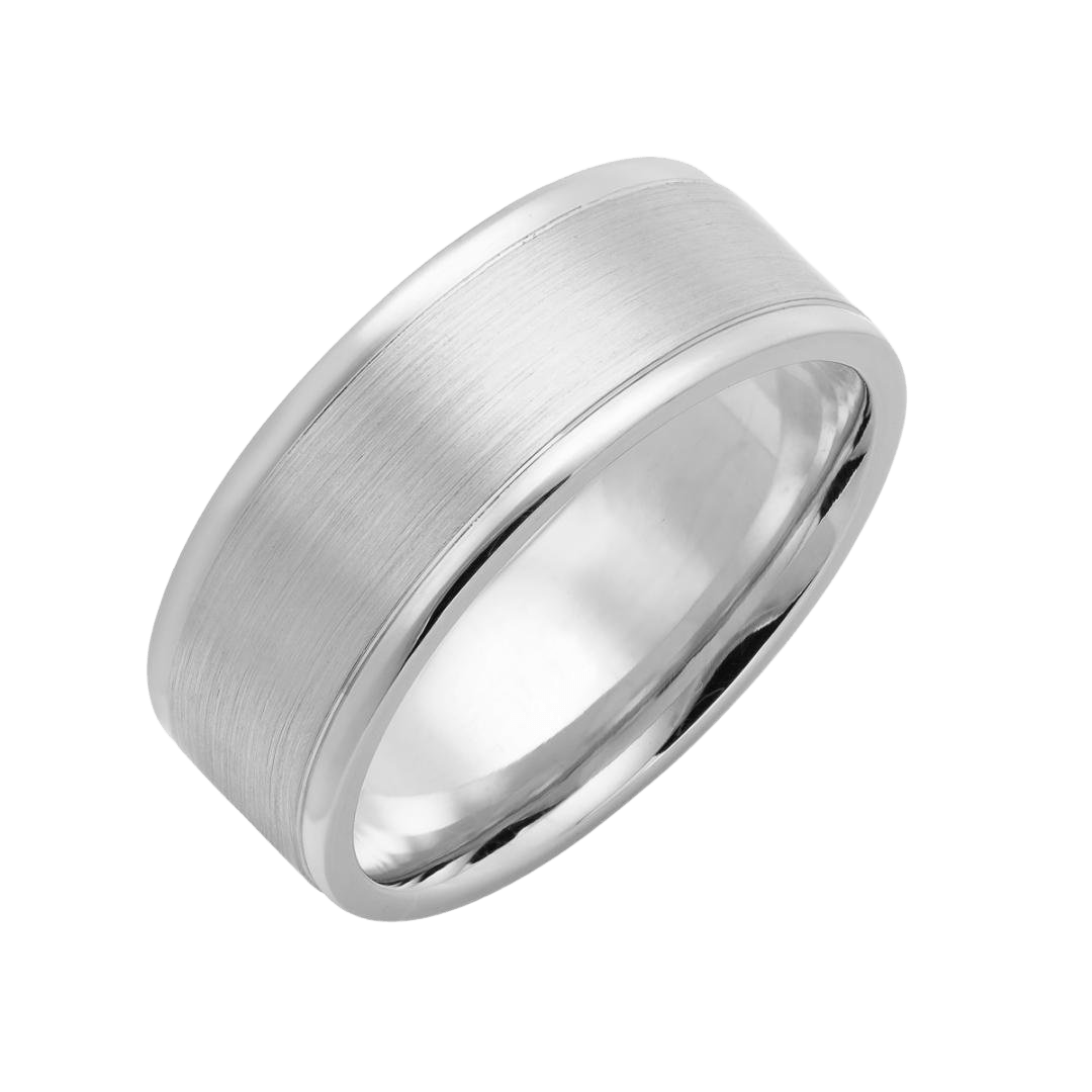 Platinum men's wedding ring, 8mm wide, satin finish center, shiny edges, comfort fitted, made in New York, available in various metals.