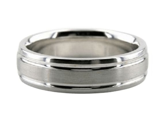 950 Platinum mens wedding ring, satin finish center, shiny edges, 6mm wide, comfort fitted, made in New York.