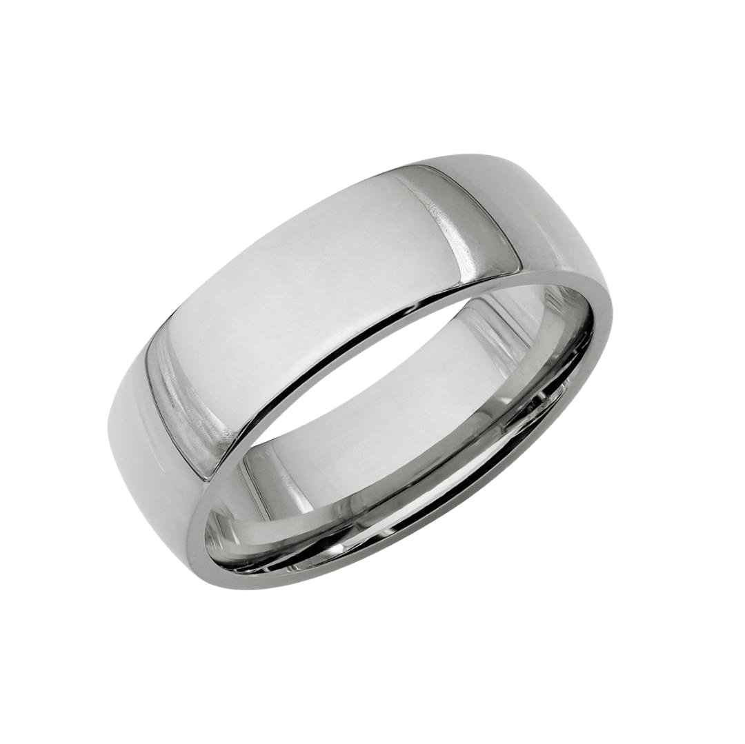 6mm Platinum Plain Dome Wedding Band with shiny finish, comfort fit, unisex design, crafted in New York, available in various styles.