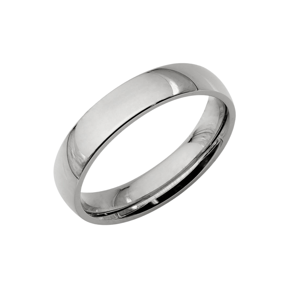 4mm platinum plain dome wedding band with shiny finish, comfort fit, manufactured in New York, available in various styles.