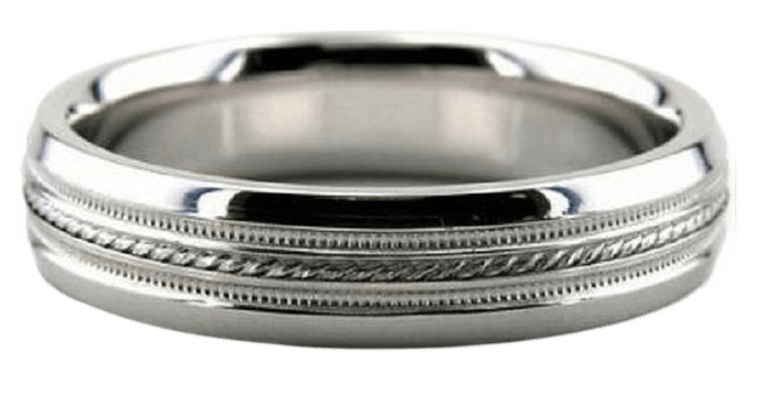 Stylish 5mm platinum wedding band with braided center design and shiny finish, comfort fitted for a perfect fit.