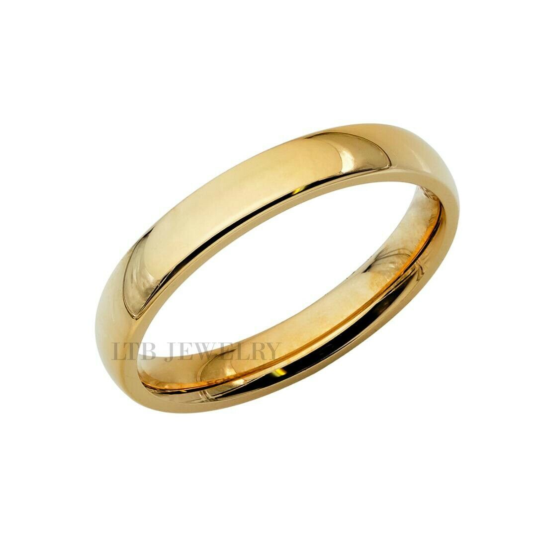 3mm plain dome wedding band in shiny gold finish, unisex design, comfort fitted, ideal for marriage ceremony, crafted in USA.