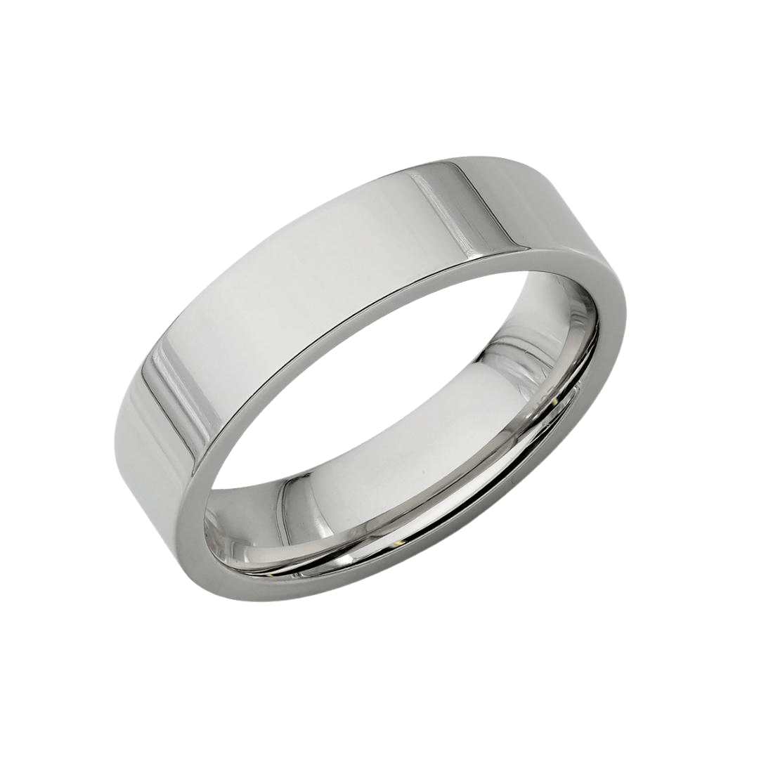 5mm flat platinum wedding band with shiny finish, comfort fit, unisex design, made in New York, USA.