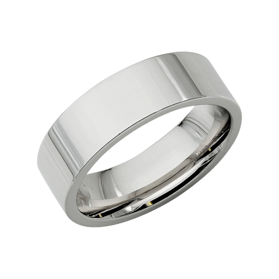 Platinum flat mens wedding band, 6mm wide, shiny finish, comfort fitted, made in New York, available in various styles.