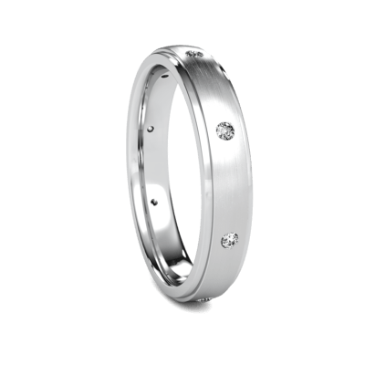 Platinum wedding band with eight round brilliant cut diamonds, satin finish center and shiny edges.