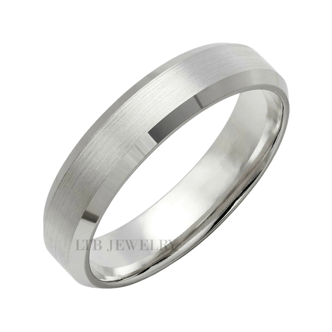 5mm beveled edge platinum wedding ring with satin finish and shiny edges, comfort fitted, made in New York.