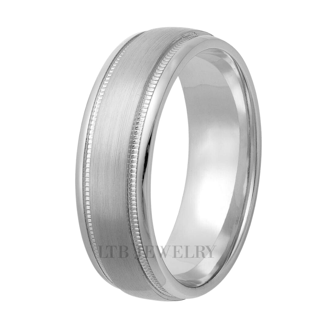 Elegant platinum men's wedding band with satin finish, shiny edges, and milgrain detailing, comfort fitted design.