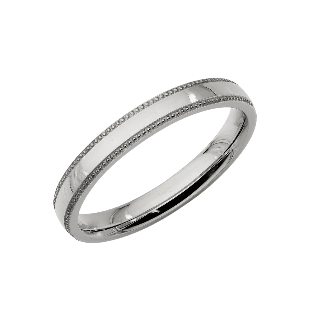 3mm unisex platinum dome milgrain wedding band with shiny finish and comfort fit, designed for men and women.