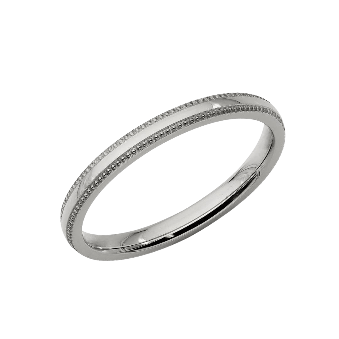 Platinum milgrain dome wedding band, 2mm wide, shiny finish, comfort fitted, available in various metals and widths.
