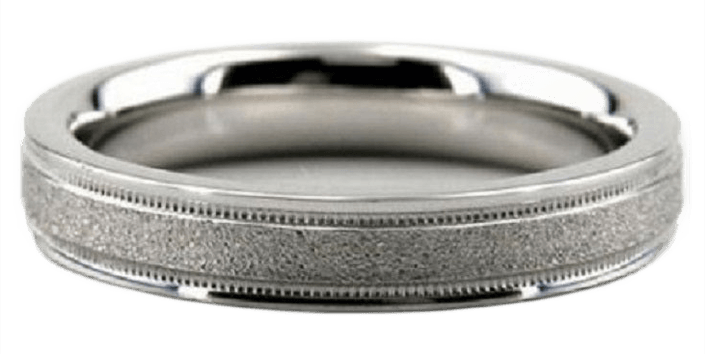 Classic unisex platinum wedding band with stone finish, shiny edges, and milgrain detailing, 4mm wide.