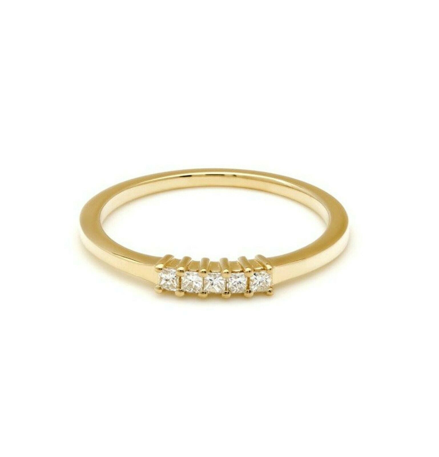14K gold wedding ring featuring five princess cut diamonds, shiny finish, elegant design, total carat weight 0.15.