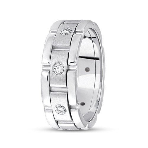 Rolex style diamond mens wedding band in solid white gold with satin and shiny finish, featuring 8 round diamonds.