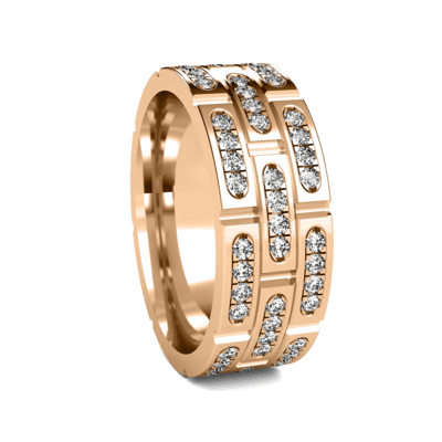 Handmade rose gold diamond wedding band featuring round brilliant cut diamonds in a stylish design.