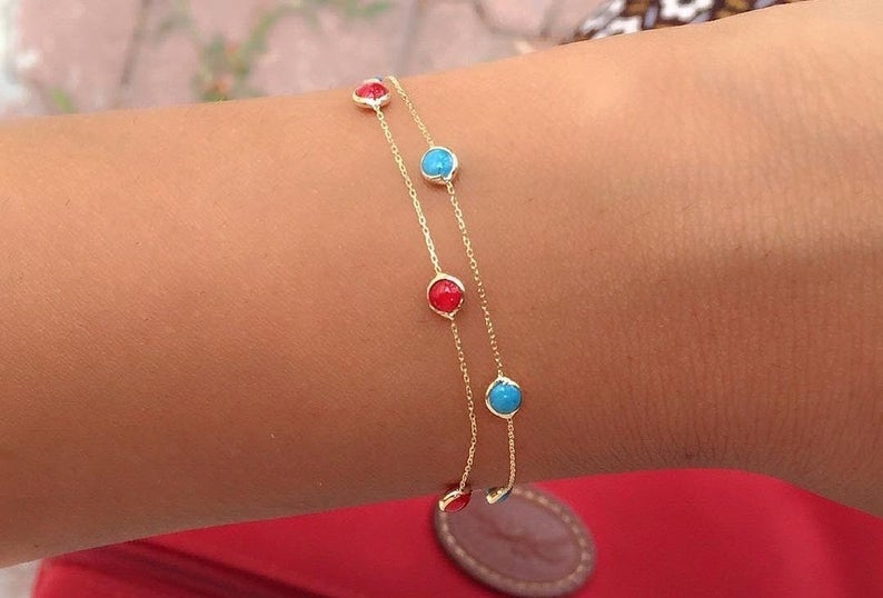 Ruby Bracelet, 14K Solid Yellow Gold Ruby Bracelet, Ruby Station Bracelet, Beaded Ruby Bracelet